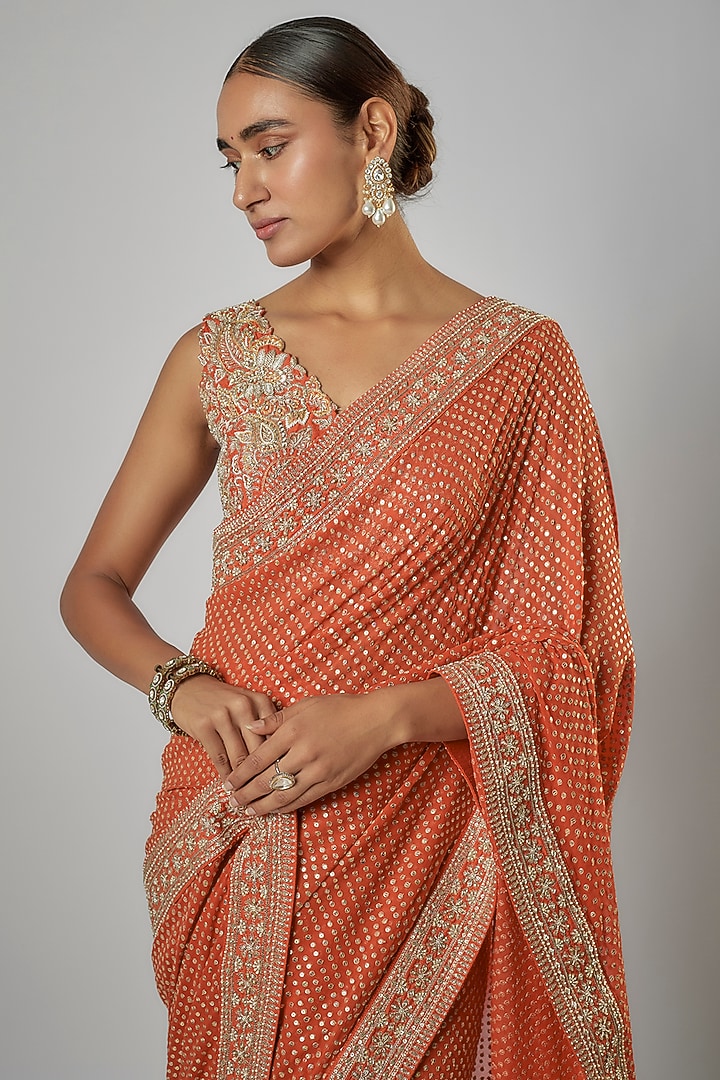 Orange Georgette Zardosi & Pearl Embroidered Handcrafted Bridal Saree Set by Mrunalini Rao at Pernia's Pop Up Shop