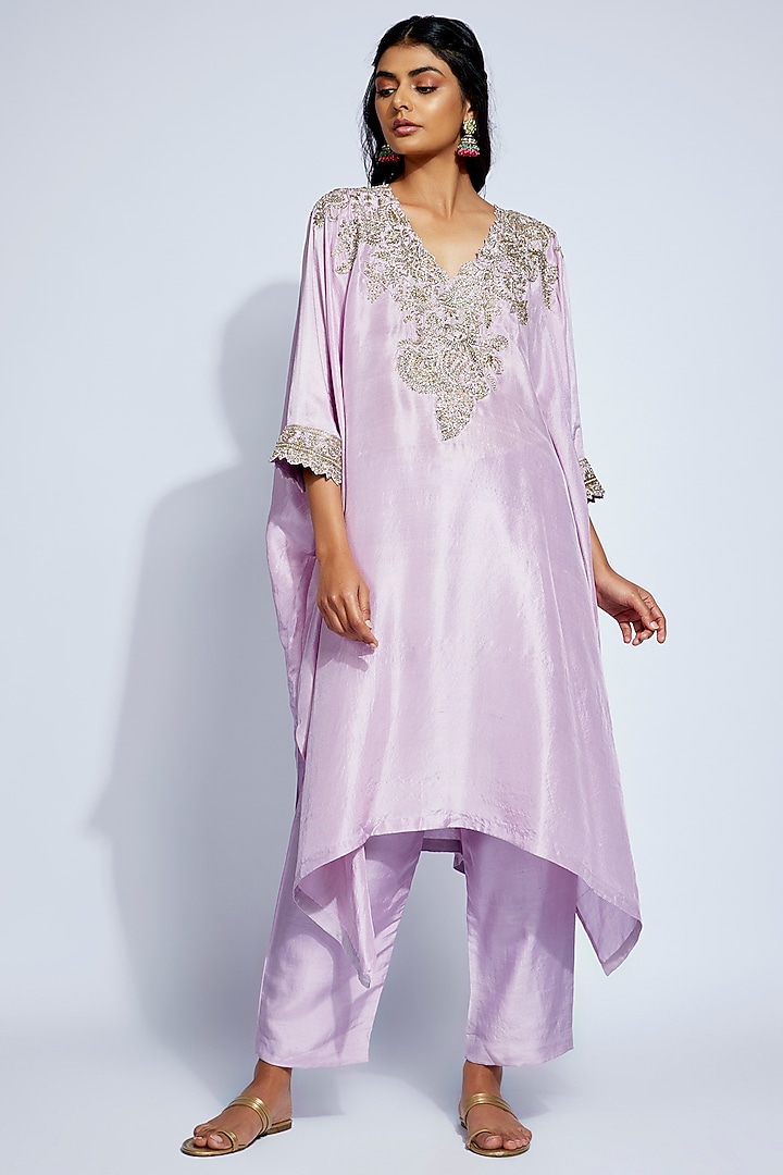 Lilac Pure Silk Paisley & Zardosi Hand Embroidered Kaftan Set by Mrunalini Rao at Pernia's Pop Up Shop