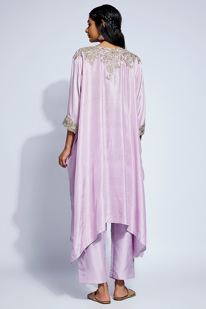 Lilac Pure Silk Paisley & Zardosi Hand Embroidered Kaftan Set by Mrunalini Rao at Pernia's Pop Up Shop