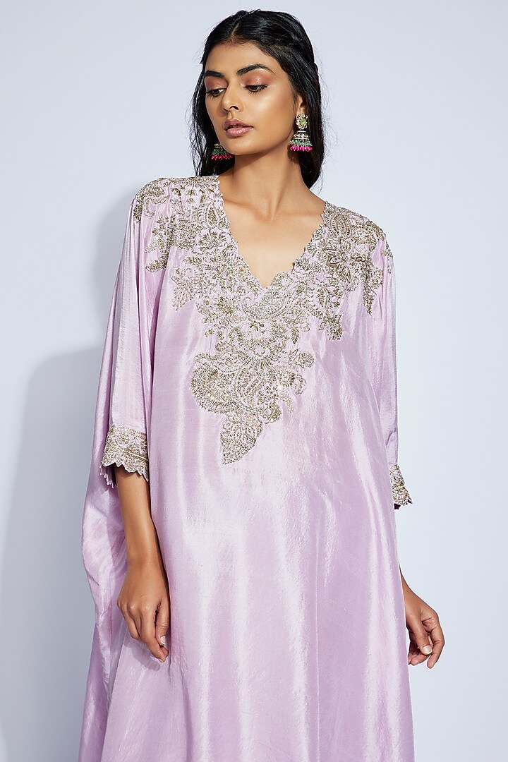 Lilac Pure Silk Paisley & Zardosi Hand Embroidered Kaftan Set by Mrunalini Rao at Pernia's Pop Up Shop