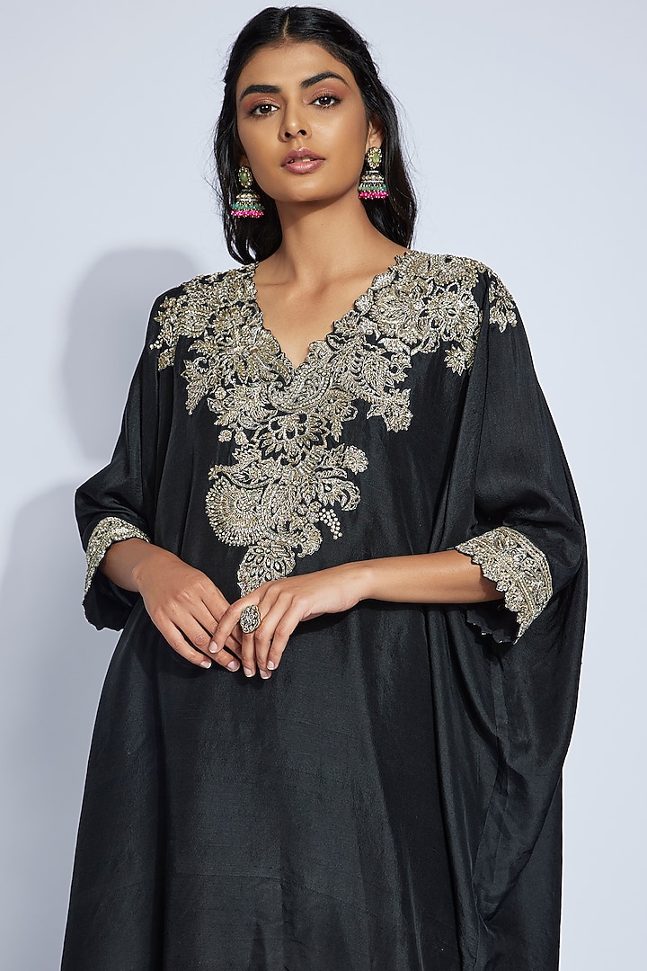 Black Pure Silk Paisley & Zardosi Hand Embroidered Kaftan Set by Mrunalini Rao at Pernia's Pop Up Shop
