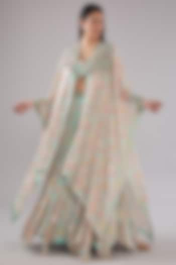 Blue Georgette Printed & Applique Embroidered Cape Set by Mrunalini Rao at Pernia's Pop Up Shop