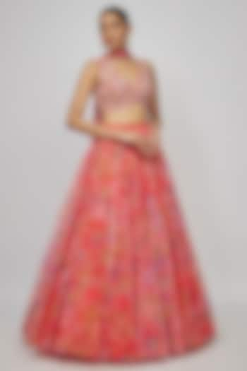 Pink Net Printed Wedding Lehenga Set by Mrunalini Rao at Pernia's Pop Up Shop