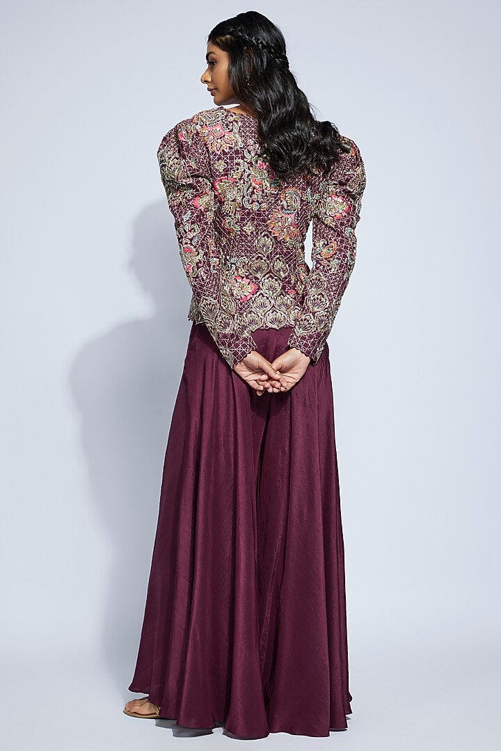 Burgundy Raw Silk Resham & Zardosi Embroidered Jacket Set by Mrunalini Rao at Pernia's Pop Up Shop