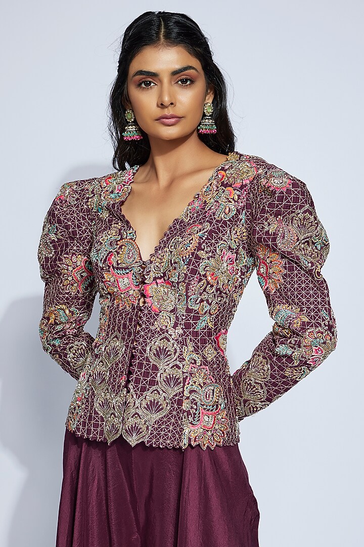 Burgundy Raw Silk Resham & Zardosi Embroidered Jacket Set by Mrunalini Rao at Pernia's Pop Up Shop