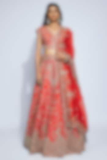 Orange Raw Silk Zardosi & Jaal Embroidered Bridal Lehenga Set by Mrunalini Rao at Pernia's Pop Up Shop