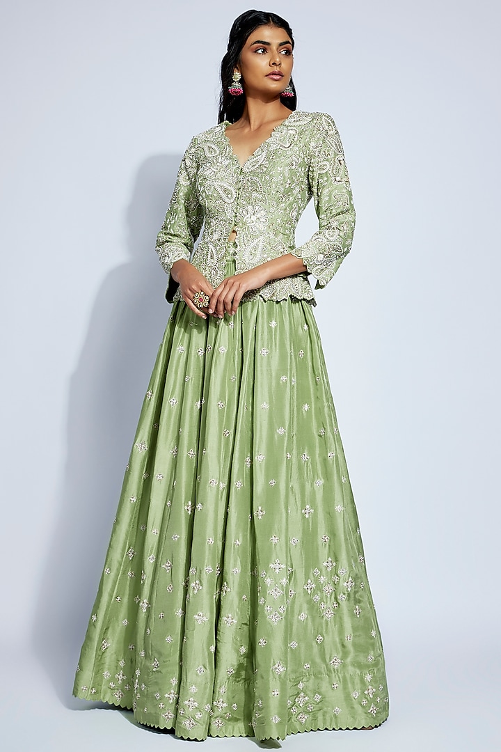 Pista Green Dupion Silk Boota Embroidered Jacket Bridal Lehenga Set by Mrunalini Rao at Pernia's Pop Up Shop