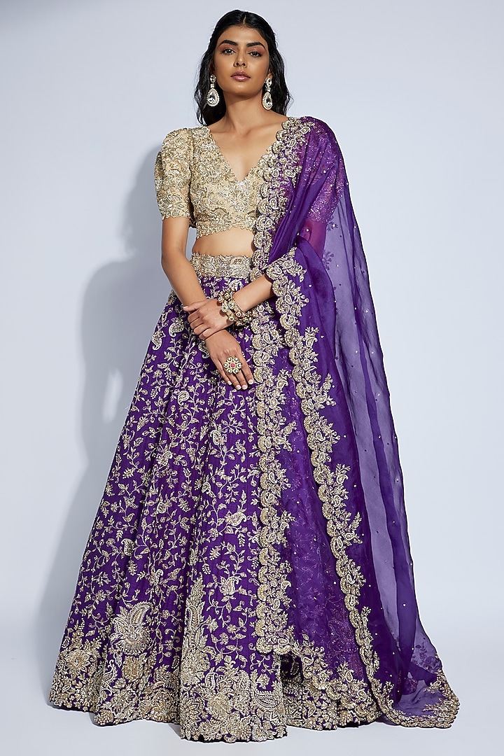 Purple Raw Silk Zardosi & Kasab Embroidered Bridal Lehenga Set by Mrunalini Rao at Pernia's Pop Up Shop