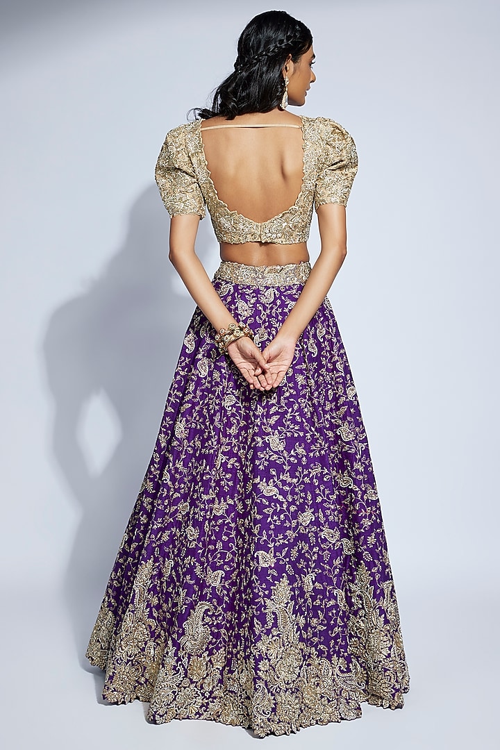 Purple Raw Silk Zardosi & Kasab Embroidered Bridal Lehenga Set by Mrunalini Rao at Pernia's Pop Up Shop