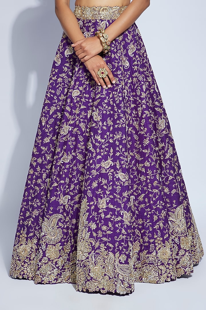 Purple Raw Silk Zardosi & Kasab Embroidered Bridal Lehenga Set by Mrunalini Rao at Pernia's Pop Up Shop