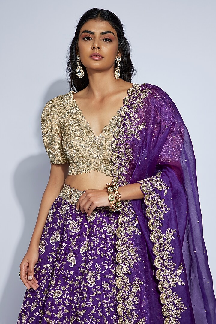 Purple Raw Silk Zardosi & Kasab Embroidered Bridal Lehenga Set by Mrunalini Rao at Pernia's Pop Up Shop