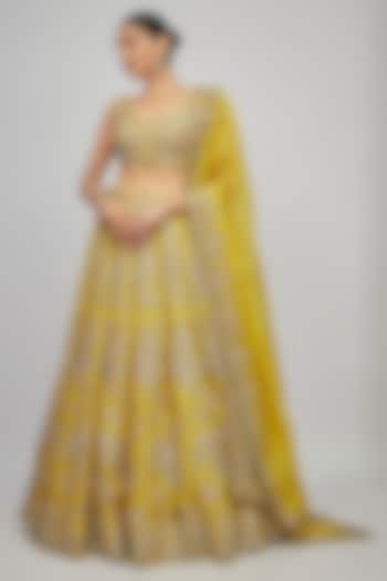 Yellow Raw Silk Zardosi Embroidered Bridal Lehenga Set by Mrunalini Rao at Pernia's Pop Up Shop