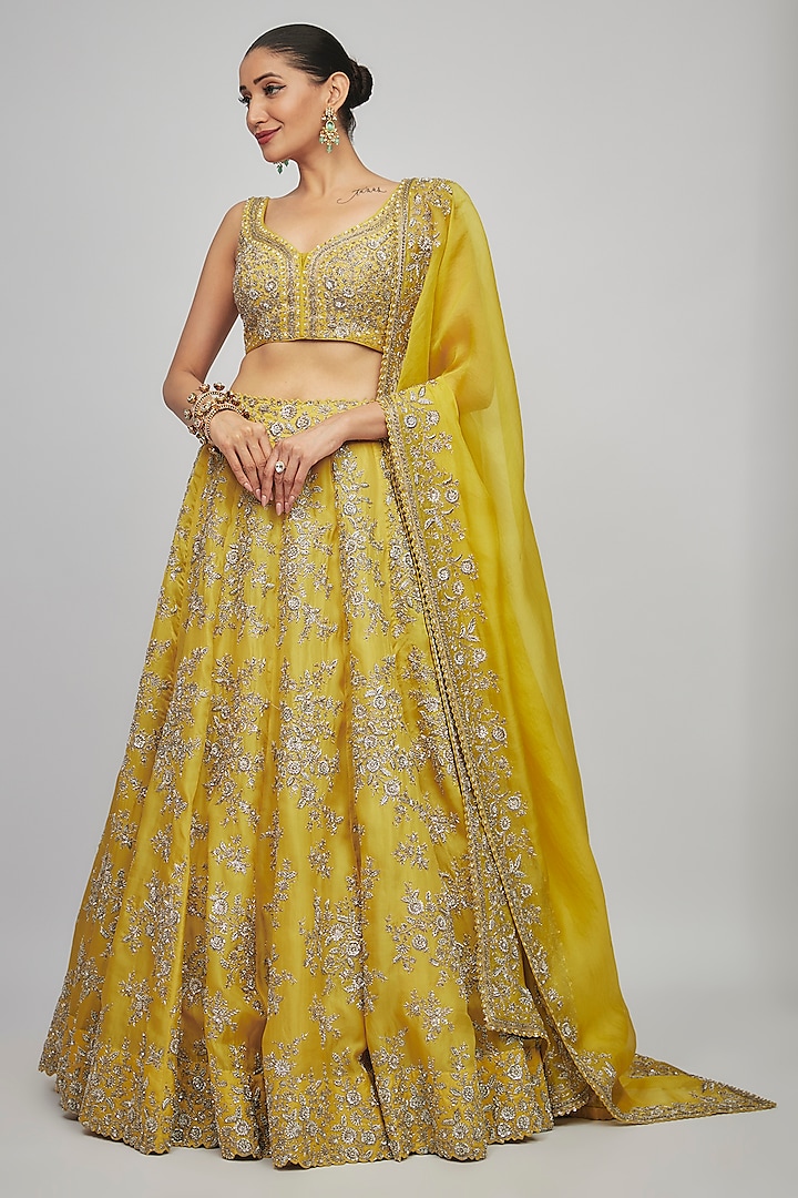 Yellow Raw Silk Zardosi Embroidered Bridal Lehenga Set by Mrunalini Rao at Pernia's Pop Up Shop