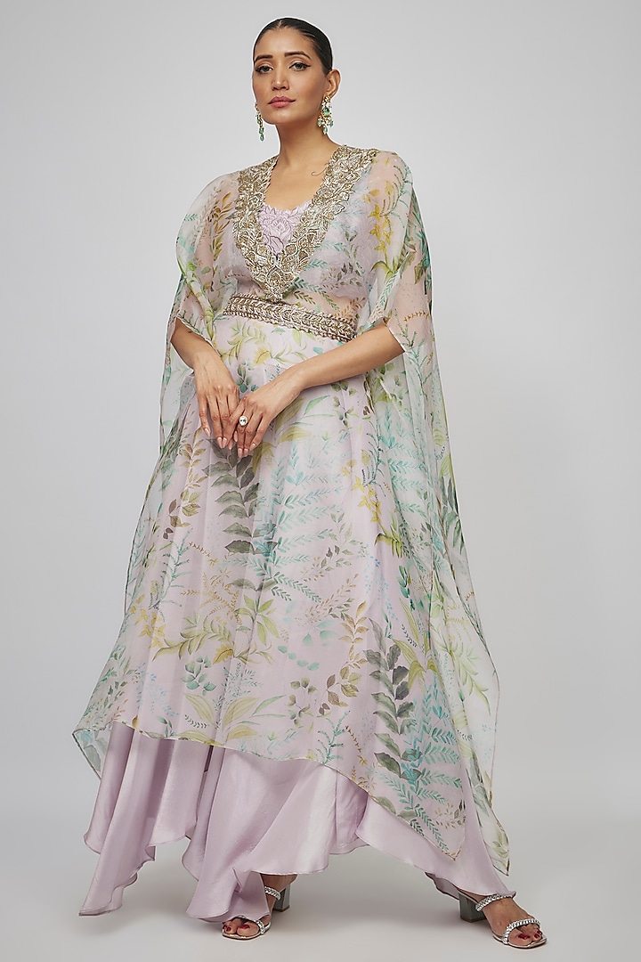 Lilac Organza Printed & Embroidered Kaftan Set by Mrunalini Rao at Pernia's Pop Up Shop