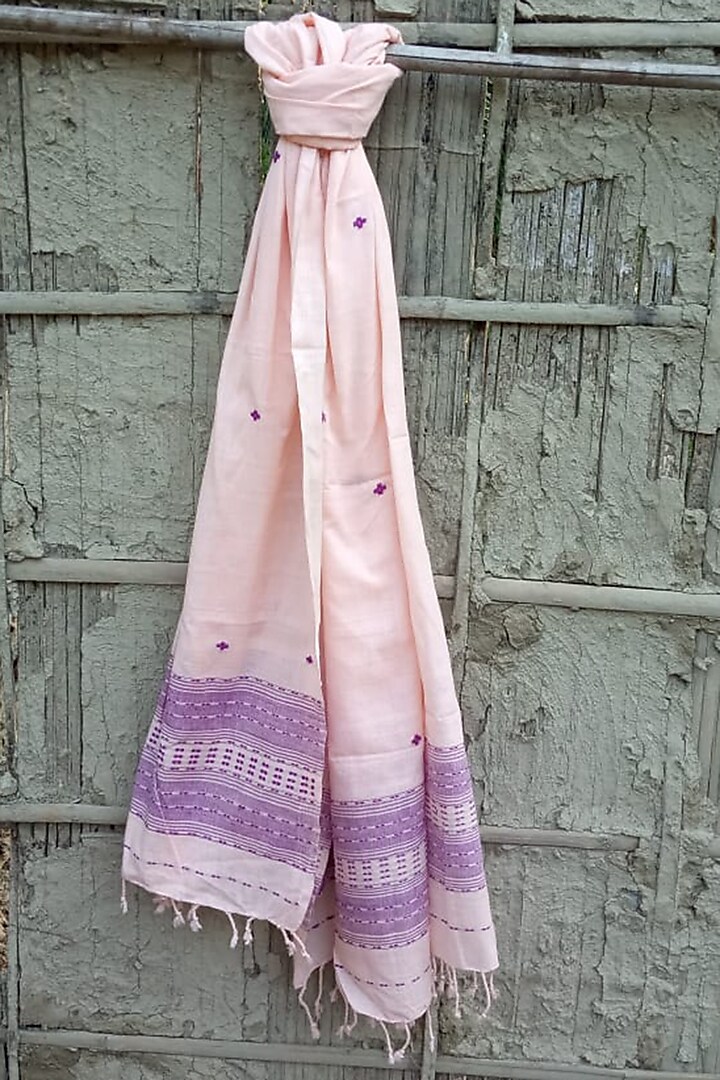 Baby Pink Handwoven Dupatta With Purple Motifs by Rupali Kalita