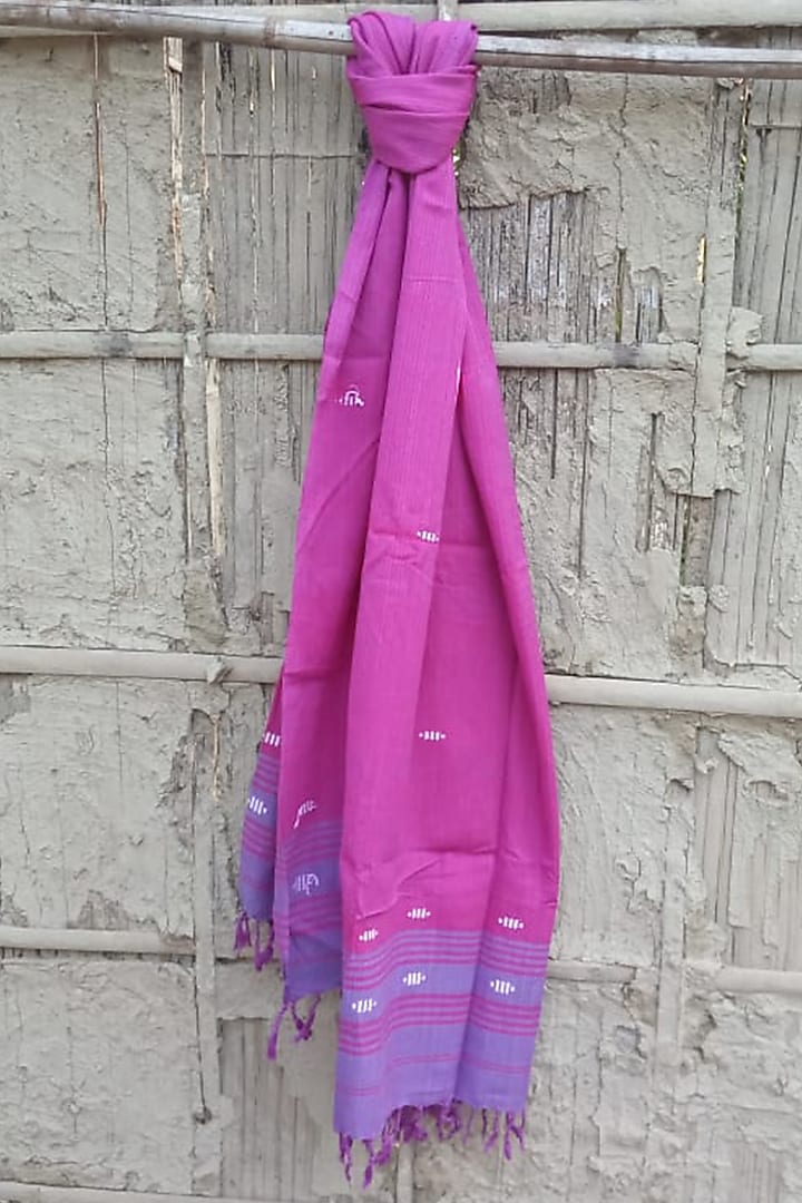 Magenta Handwoven Stole With Blue Motifs by Rupali Kalita