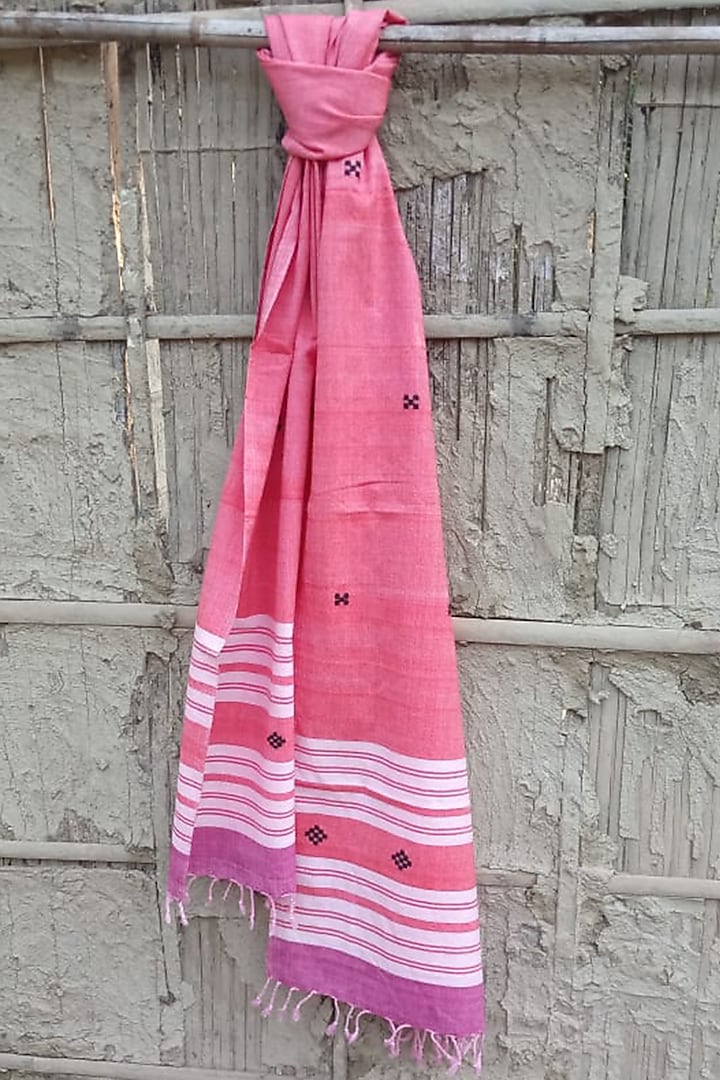 Red Handwoven Stole With Blue Motifs by Rupali Kalita