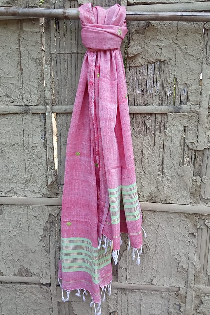 Red Handwoven Stole With Green Border by Rupali Kalita at Pernia's Pop Up Shop