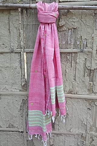 Red Handwoven Stole With Green Border by Rupali Kalita