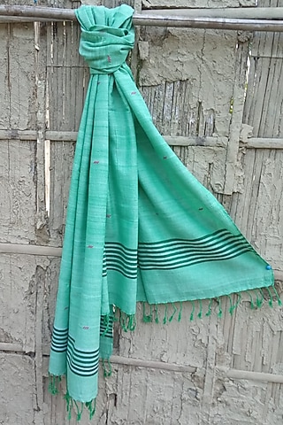 Green Handwoven Stole With Green Stripes by Rupali Kalita