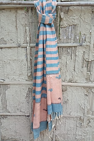 Beige Handwoven Striped Stole by Rupali Kalita