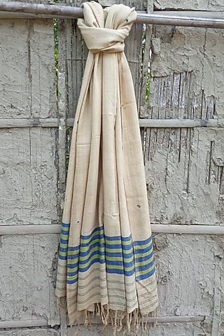 Beige Handwoven Striped Stole by Rupali Kalita