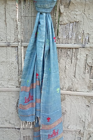 Blue Handwoven Stole With Temple Design by Rupali Kalita