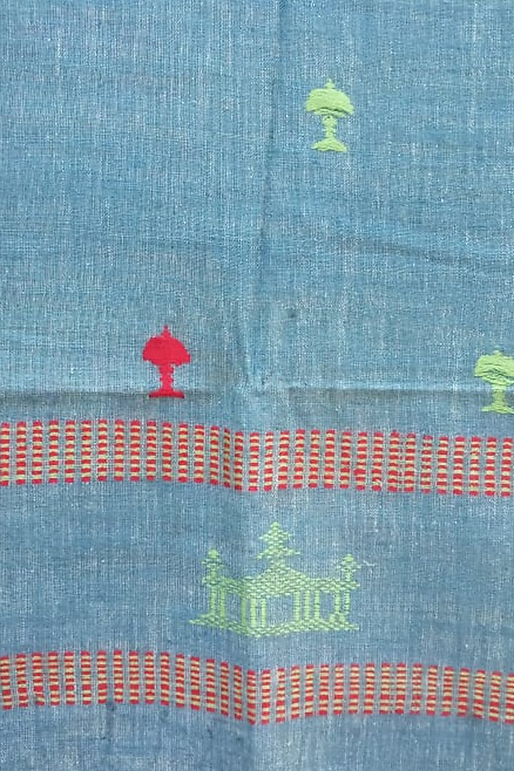Blue Handwoven Stole With Temple Design by Rupali Kalita at Pernia's Pop Up Shop