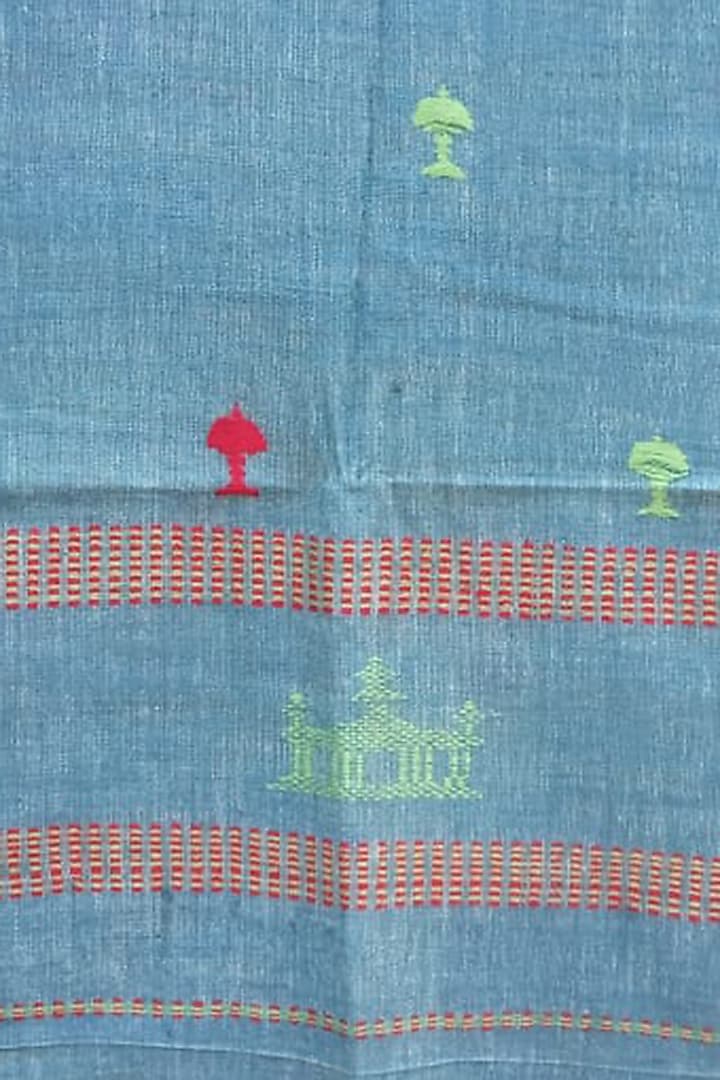 Blue Handwoven Stole With Temple Design by Rupali Kalita at Pernia's Pop Up Shop