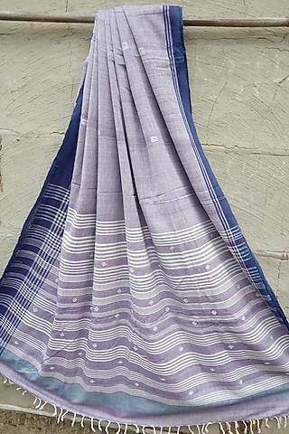 Blue & White Handwoven Saree With Navy Blue Border by Rupali Kalita