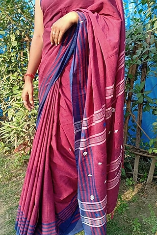 Magenta Handwoven Striped Saree by Rupali Kalita