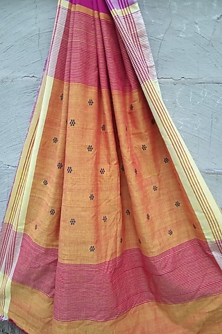 Magenta Handwoven Saree With Black Motifs by Rupali Kalita