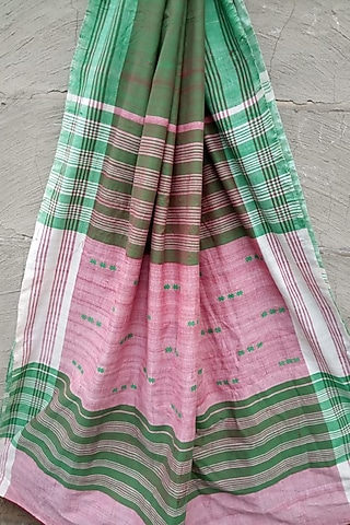 Green Handwoven Striped Saree by Rupali Kalita
