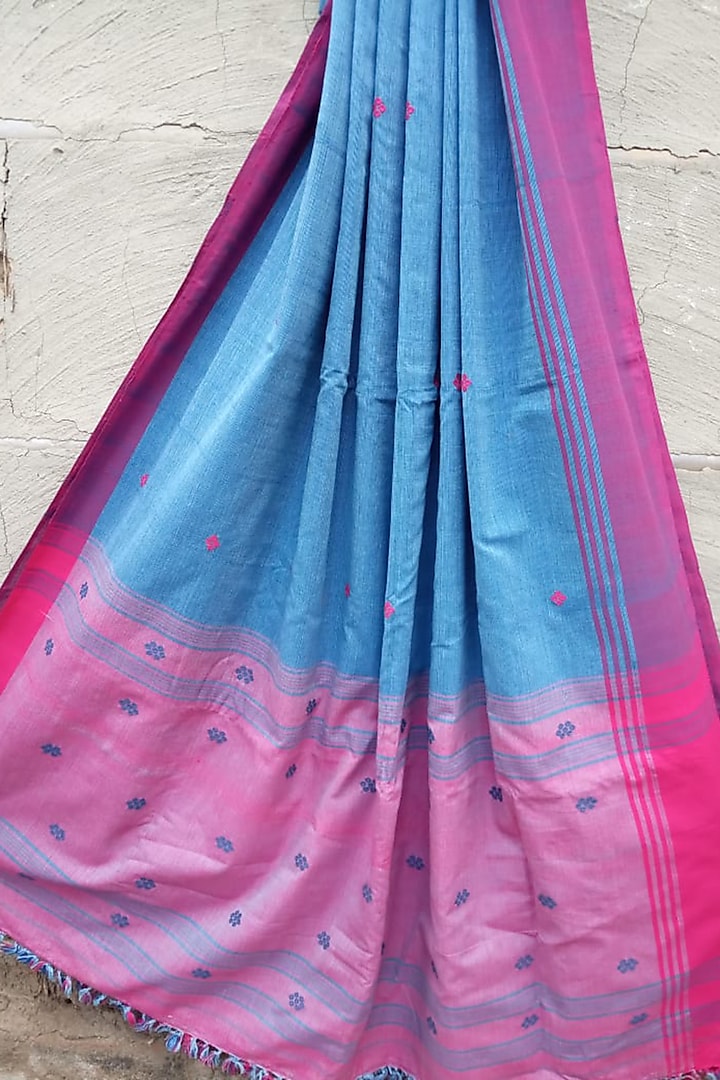 Light Blue & Pink Handwoven Saree by Rupali Kalita