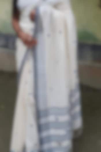 White Handwoven Striped Saree by Rupali Kalita