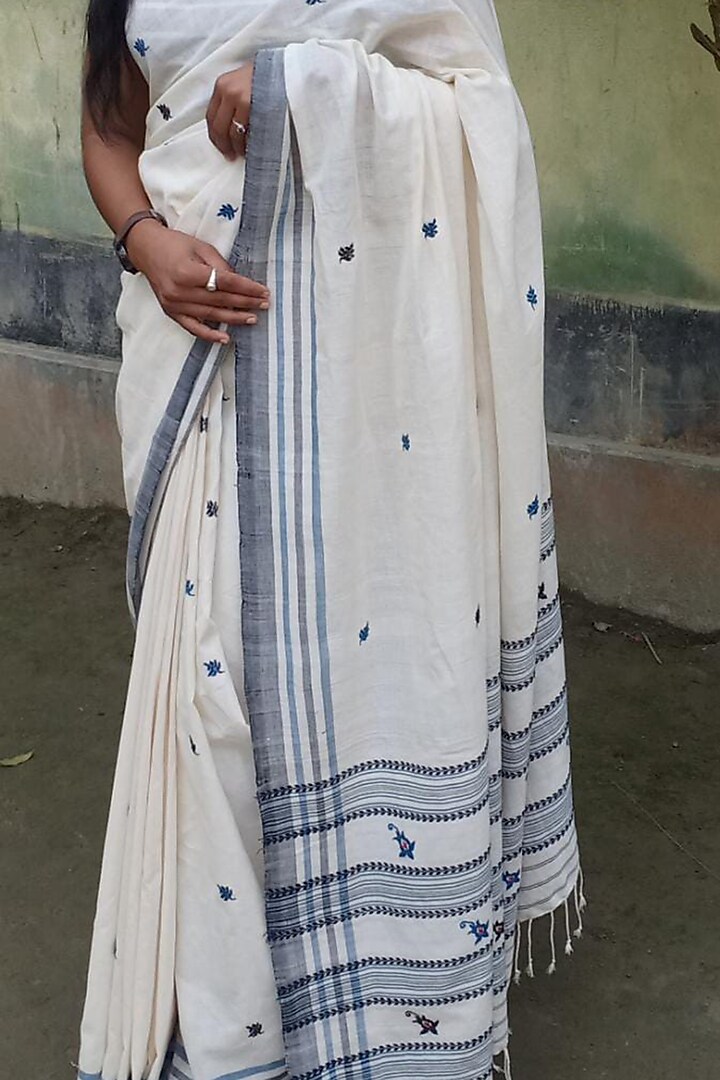 White Handwoven Striped Saree by Rupali Kalita