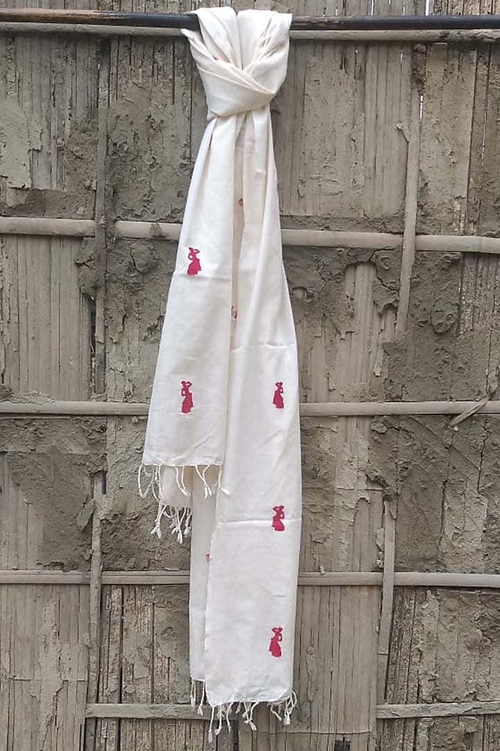 White Cotton Handwoven Stole by Rupali Kalita