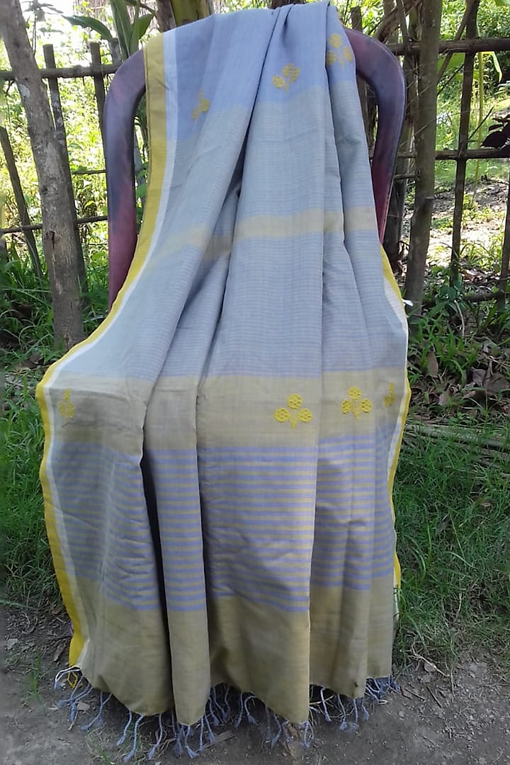 Grey & Green Handwoven Saree by Rupali Kalita