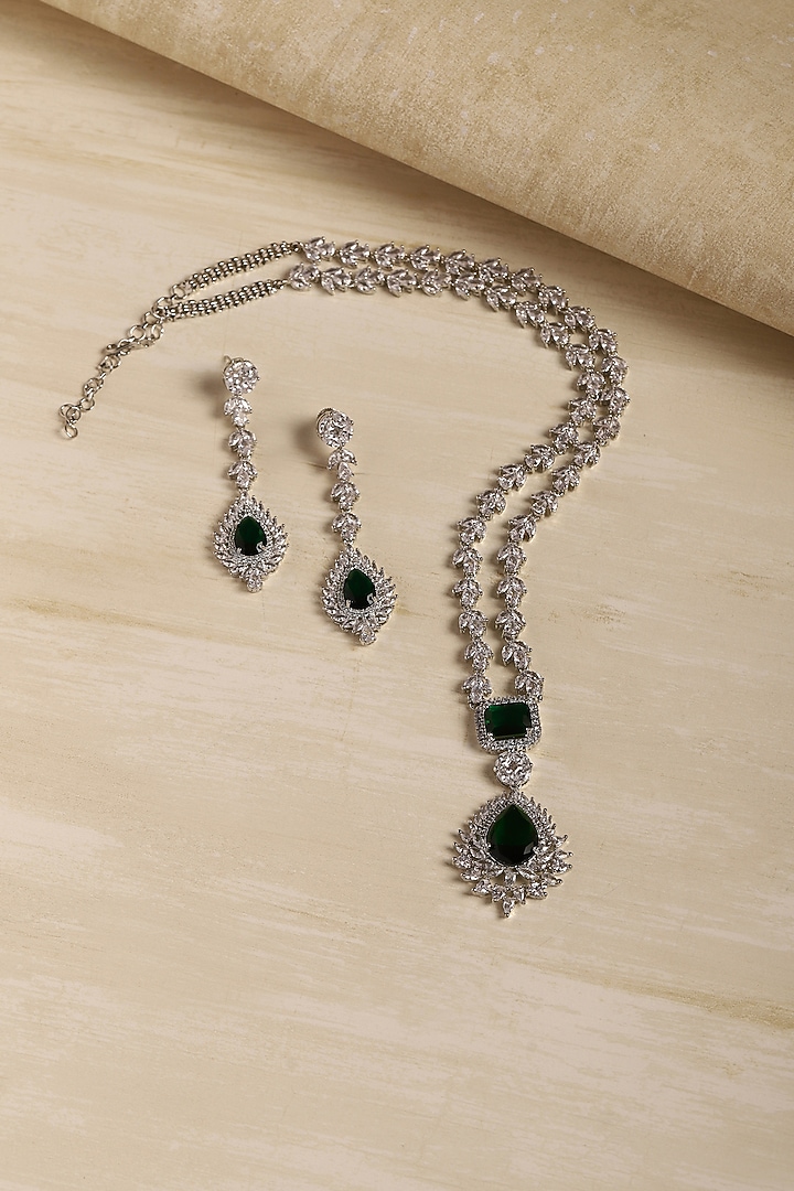 White Finish American Diamond Long Necklace Set by Ritu Singh at Pernia's Pop Up Shop