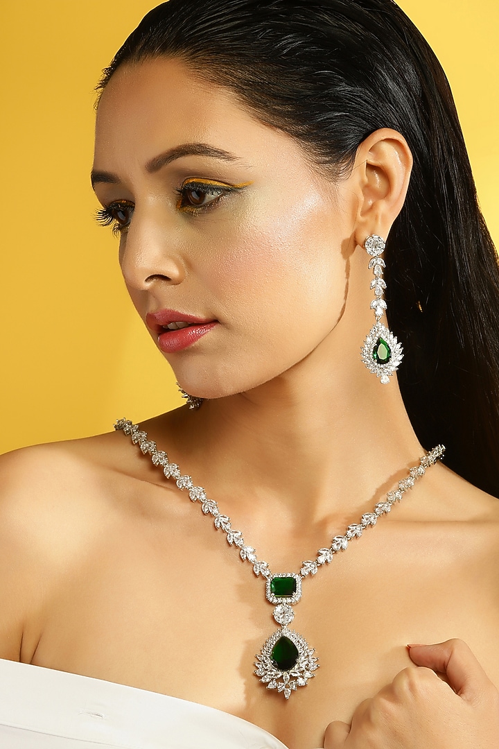 White Finish American Diamond Long Necklace Set by Ritu Singh at Pernia's Pop Up Shop