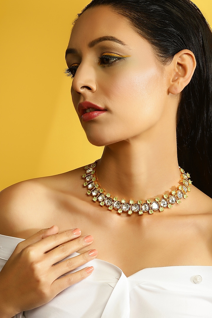Gold Finish Kundan Polki & Diamond Choker Necklace by Ritu Singh