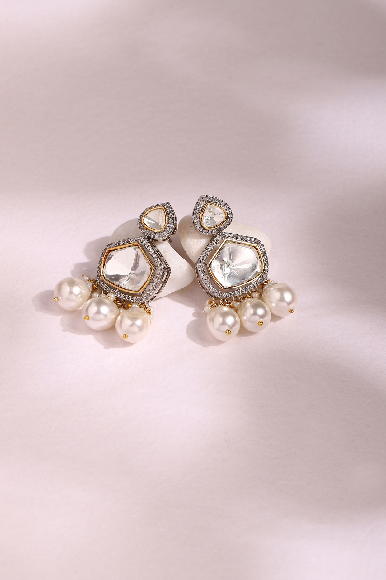 Two Tone Finish Kundan Polki & Pearl Dangler Earrings by Ritu Singh