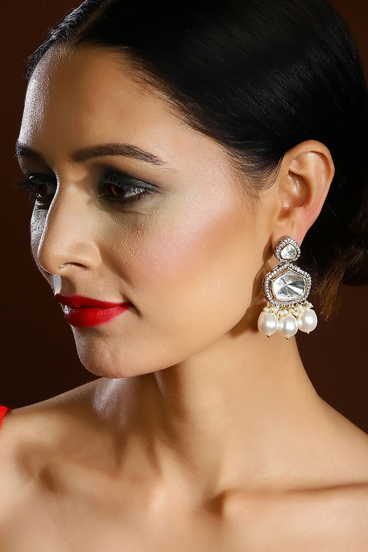 Two Tone Finish Kundan Polki & Pearl Dangler Earrings by Ritu Singh