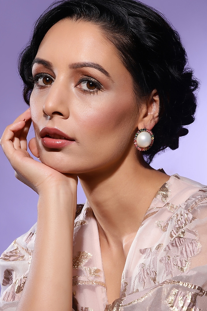 Gold Finish Pearl Stud Earrings by Ritu Singh