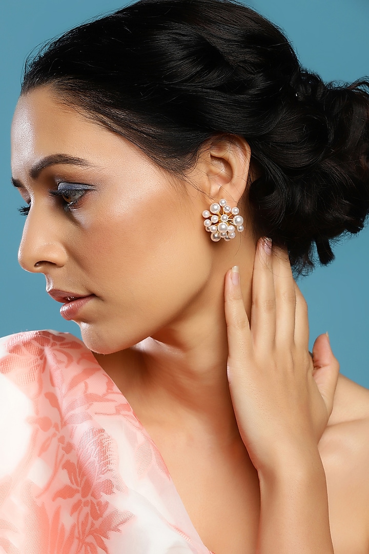 Gold Finish White Pearl Stud Earrings by Ritu Singh