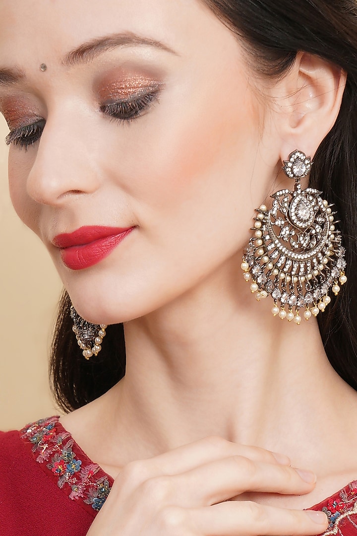 Black Rhodium Finish Pearl & Zircon Dangler Earrings by Ritu Singh