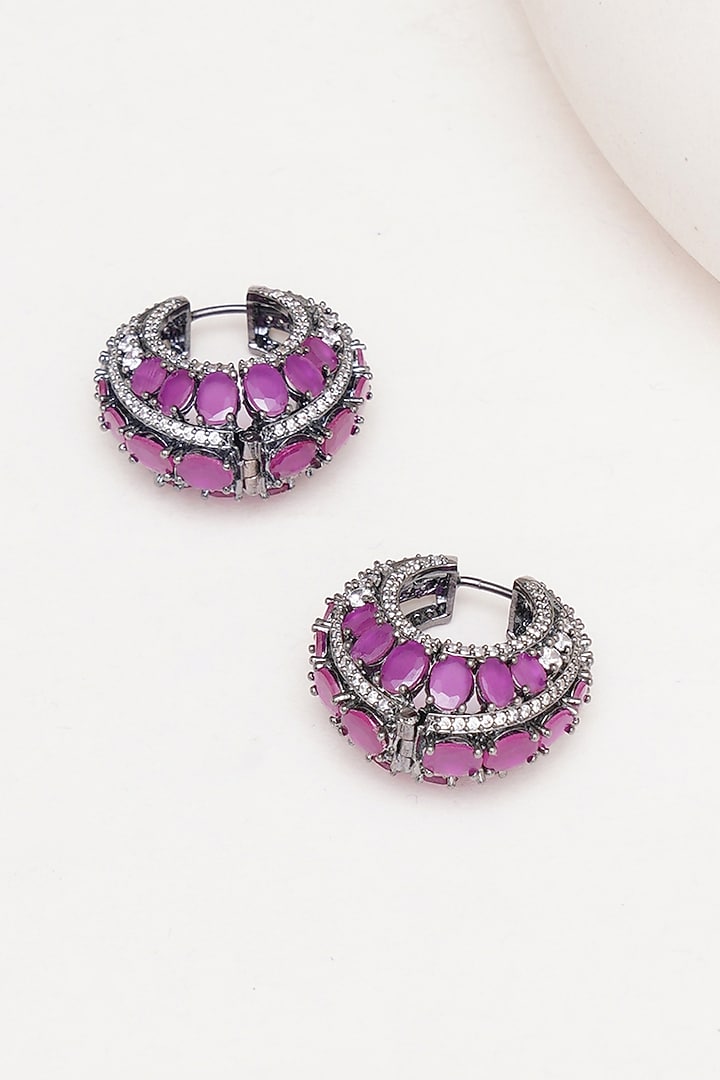 Black Rhodium Finish Maroon Zircon Hoop Earrings by Ritu Singh at Pernia's Pop Up Shop