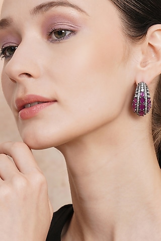 Black Rhodium Finish Maroon Zircon Hoop Earrings by Ritu Singh