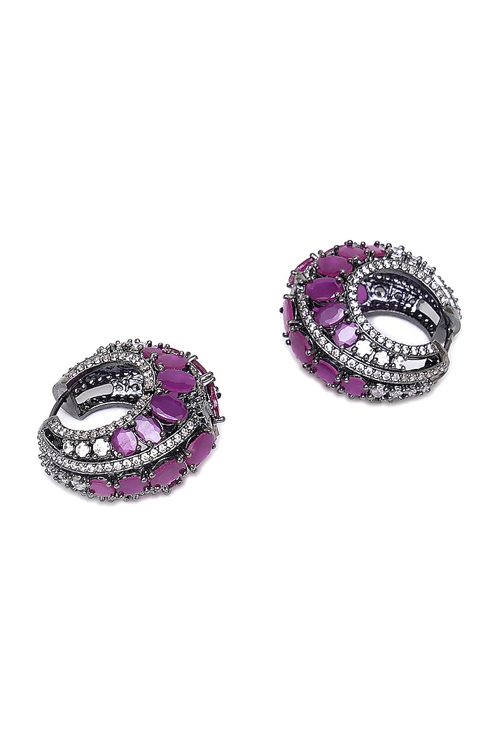 Black Rhodium Finish Maroon Zircon Hoop Earrings by Ritu Singh at Pernia's Pop Up Shop