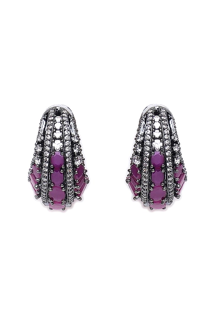 Black Rhodium Finish Maroon Zircon Hoop Earrings by Ritu Singh at Pernia's Pop Up Shop
